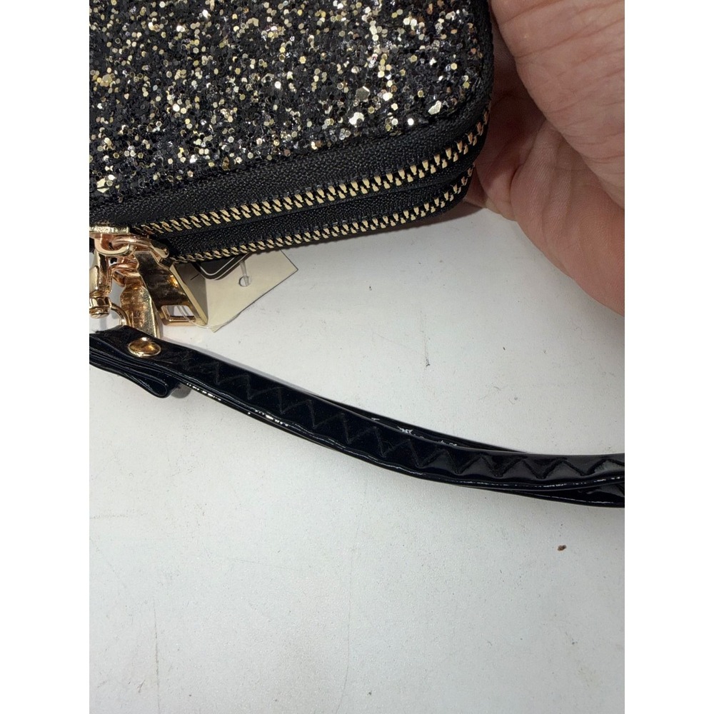 Sasha Handbags Black Gold Glitter Double Zip Wristlet Wallet Cell Phone Holder - Picture 3 of 8